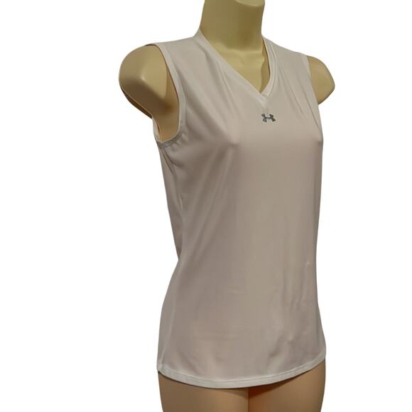 Under Armour White V-Neck Sleeveless Knit Top Summer Sports Tenniscore - Picture 2 of 9